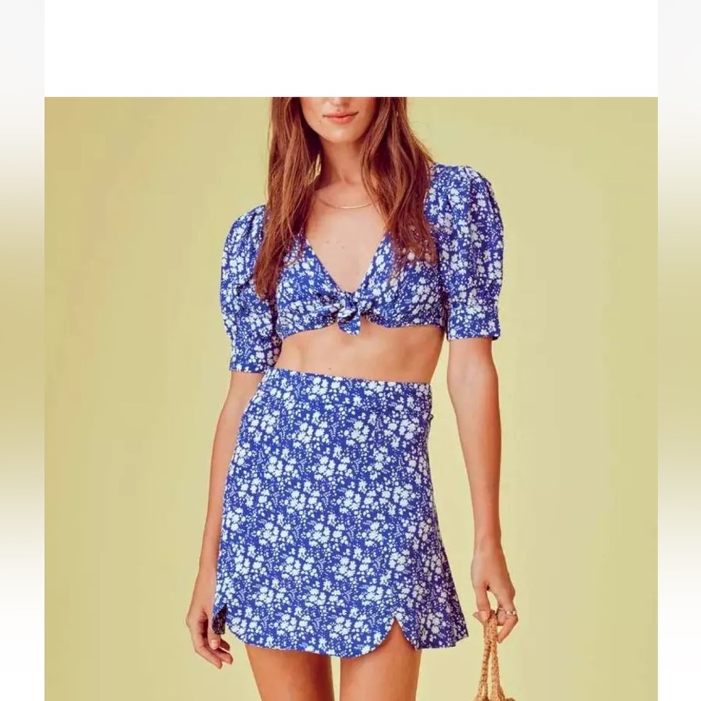 NWT For Love & Lemons Zamora Blue Floral Top and Mini/ Size small! Gorgeous!